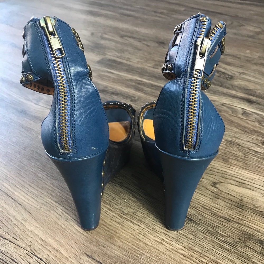 Eric Rutberg Blue Leather Metro Woven Wedge Sandal - Gem